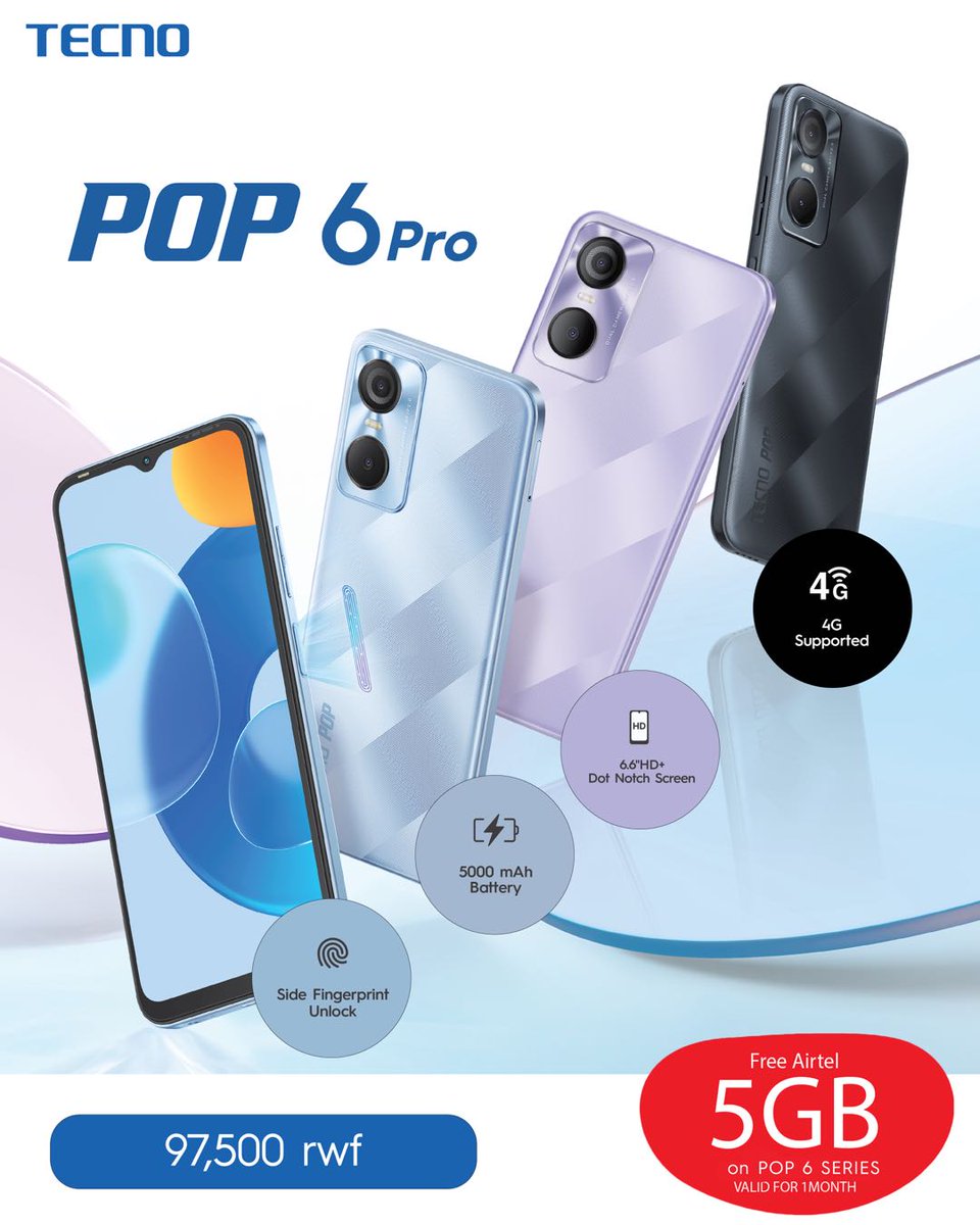 TECNOMobileRW's tweet photo. Get a Smile with POP6 PRO  on sale now at 97,500 Rwf and enjoy a free 5GB of @airtelrw  internet.

#tecno #tecnomobilerw #airtelrw #POP6PRO #5GB https://t.co/bBuOy2DvYB
