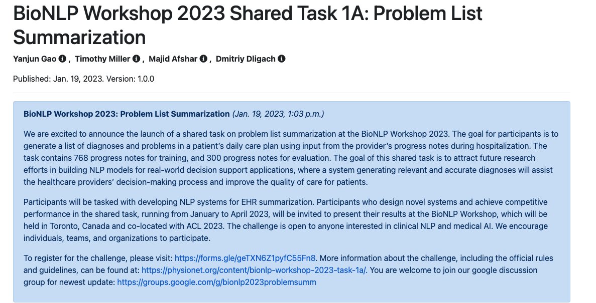Serena_pancakes's tweet image. #BioNLP 2023 Shared Task 1A Problem List Summarization is officially launched via PhysioNet!  The task aims to automatically generate patients&apos; problems from progress notes and to promote NLP diagnostic decision support. Sign up: forms.gle/VZ5USikkq6SHWA…