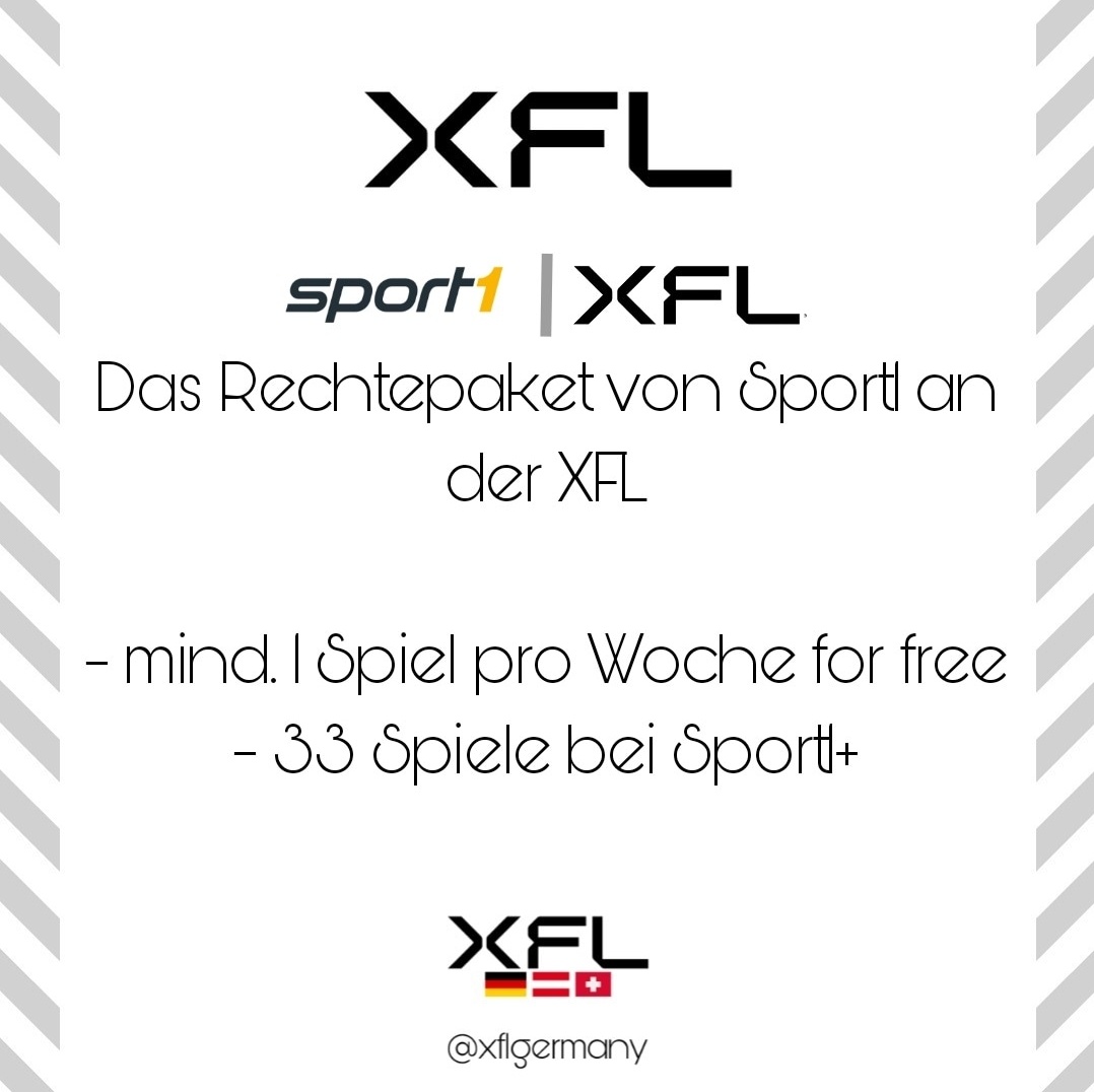 XFLGermany's tweet photo. Insgesamt 43 XFL Spiele werden auf @sport1news gezeigt. Mindestens 10 davon im Free TV. #ranNFL #ranXFL https://t.co/J5OIslQbH7