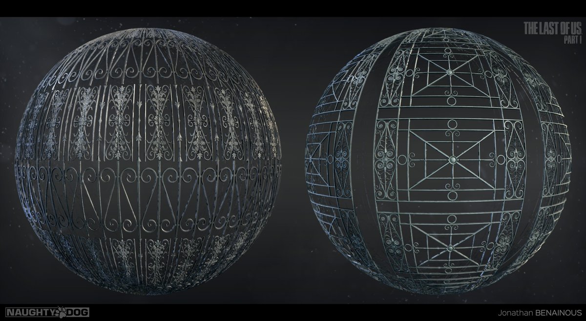 Tips &amp; tricks - Here I'm using an opacity msk &amp; a heightmap w/ POM to fake the thickness of the ornate details. The only mesh is the frame of the door and the handrail, the rest is just a texture made w/ <a href="/Substance3D/">Adobe Substance 3D</a> #Thelastofus 
More images <a href="/ArtStationHQ/">ArtStation.com</a> artstation.com/artwork/g8do3x