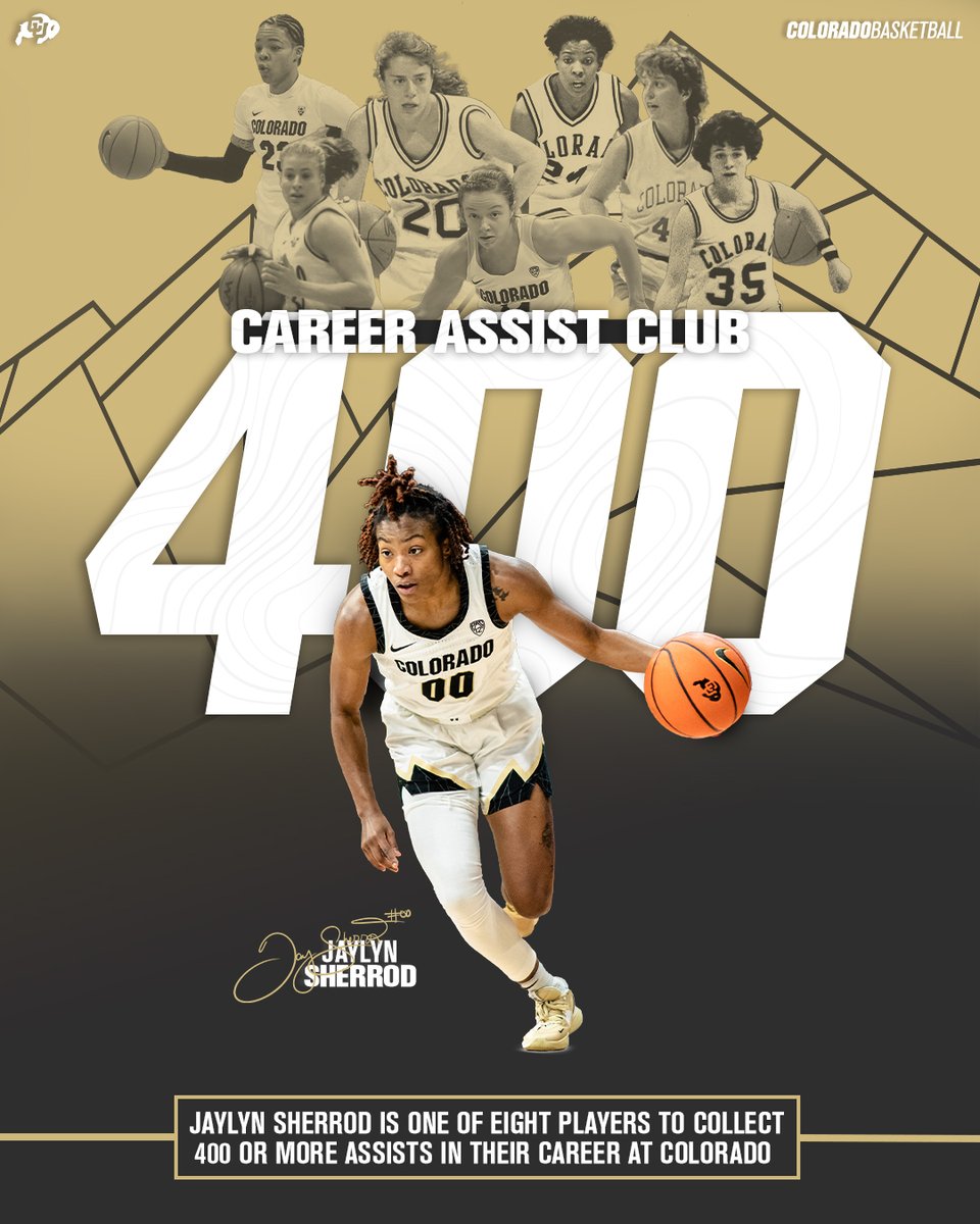 CUBuffsWBB's tweet photo. 4️⃣0️⃣0️⃣ Assists!

@Jaylynsherrod joins an exclusive club with her five assists on the night!

#GoBuffs https://t.co/mH3V2uc0Ot