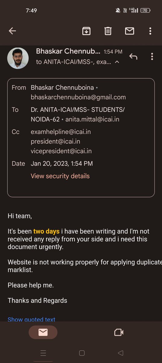 bhaskar_ca9's tweet photo. @theicai it's been more than 3 days i have been writing mails to SSP helpdesk, SSP support and examhelpline asking for help in generating duplicate CPT marklist. I seriously don't understand neither our portal works nor our support team works. Why ICAI?? Why??😬 https://t.co/H0nQEl0ygx