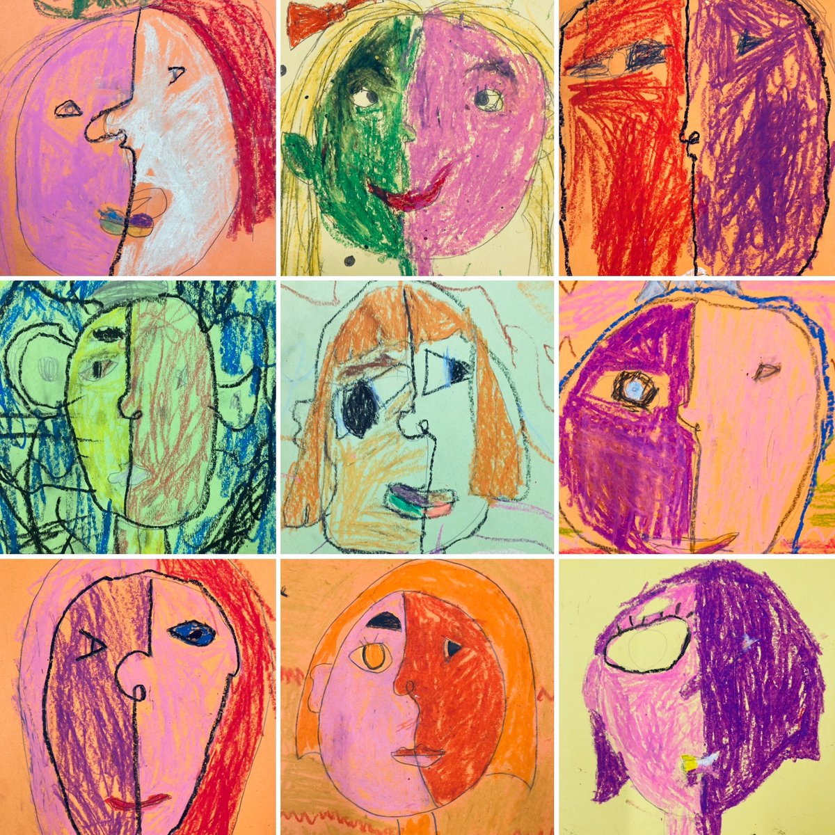 Pastel Picasso Portraits 🖼 year 1 did a super job of their #pablopicasso inspired portraits 
#picasso 
#picassoinspired 
#wow
#creativity 
#littleartists 
#artlesson 
#artroom
#colourfulwork