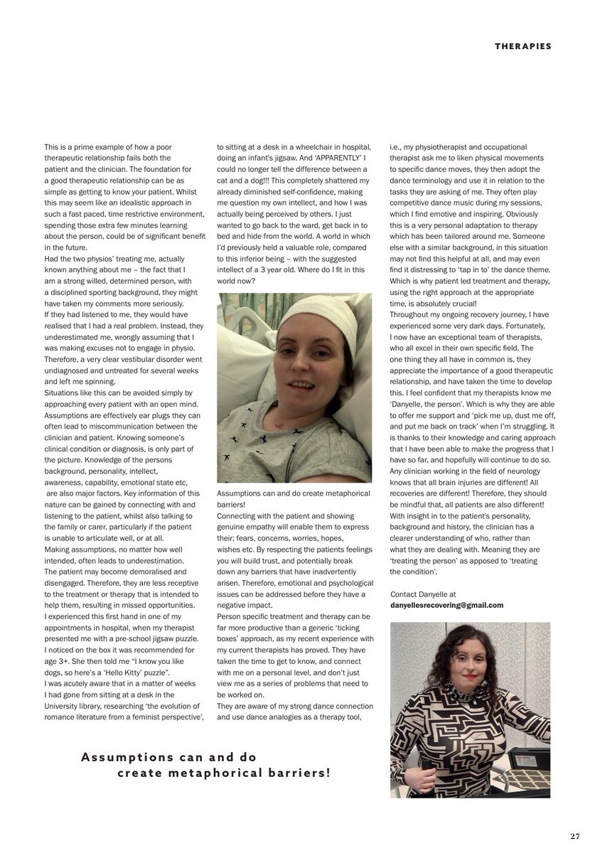 Extremely proud to share this tremendous article written by Danyelle Clarke, in which she eloquently describes her experiences in Neurorehabilitation &amp; importance of the therapeutic relationship. Article: pages 26-27 in latest edition of Neuro Rehab Times. issuu.com/nrtimes/docs/n…