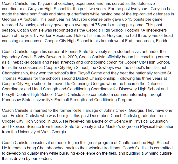 cshort1522's tweet photo. Chattahoochee Athletics is PROUD &amp; EXCITED to announce our new Head Football coach - Danny Carlisle!  

Welcome Coach!!! 

@HoochHappenings @HoochFootball @FultonAD_crafts @FultonZone6 @Cougar_Captain @Hooch_Athletics @hoochathletics https://t.co/WjXtUlvzp7