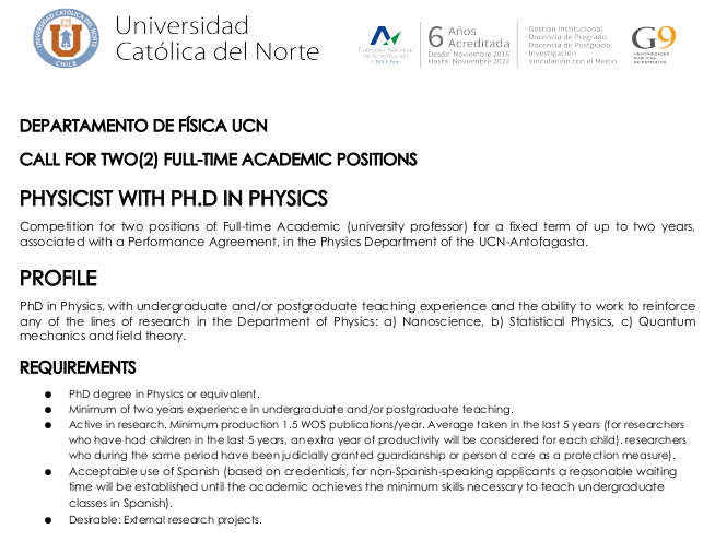 Roberto_Lineros's tweet photo. We, at @FisicaUCN, have a call for 2 academic positions (1-year tenure-track after permanent) at the Physics Department at @UCNorte in Antofagasta, Chile.
Further details:
https://t.co/9ERCn4otGi
https://t.co/ceTdtYyvyp
#Physics #Astroparticles #HighEnergyPhysics #Cosmology https://t.co/STnqfzNLR6