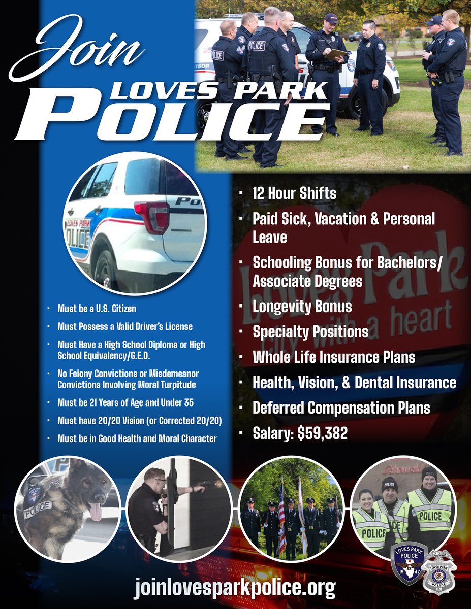 LovesParkPD's tweet photo. ‼️‼️‼️ATTENTION‼️‼️‼️
We would like to announce the opening of an application period for the position of police officer. Applications are available online, at the link below. Contact us with any questions, at recruiter@lovesparkpolice.org  Apply Online At:
https://t.co/WA5FvHLpt8 https://t.co/rdlHxSI2hR