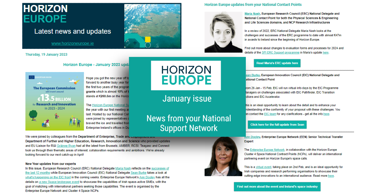 HorizonEuropeIE's tweet photo. Get the latest news and updates on @ERC_Research, @EUeic and @EENIreland from our National Support Network experts in the first newsletter of 2023 - we've a busy year ahead!
https://t.co/iklWsAqBsw https://t.co/BVGBTRJTwx