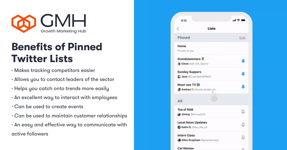 GMH_platform's tweet photo. Did you know that you can utilise pinned lists on Twitter to monitor your competitors, keep up with trends, and identify engagement opportunities?

Here is what pinned Twitter lists can do for you 👇

#GMHtactics #Twitter https://t.co/yu55s68ocV
