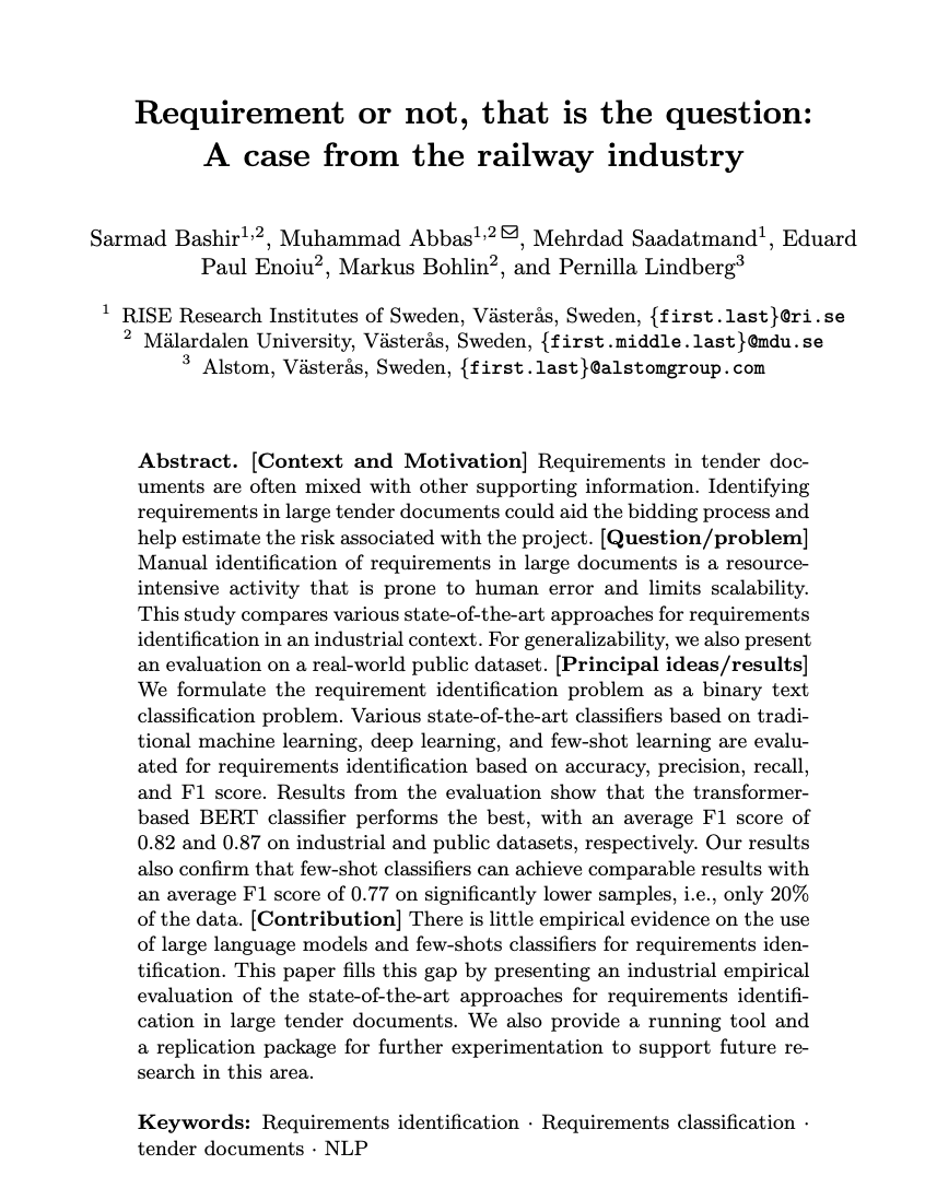 Abbas Khan (@a66askhan) on Twitter photo Pleased to announce that our paper titled "Requirement or not, that is the question: A case from the railway industry" has been accepted for publication in <a href="/WC_REFSQ/">REFSQ 2025</a>.
Great work by <a href="/SarmadBashir22/">Sarmad Bashir</a> and the team!
Work done in collaboration with Alstom.
<a href="/aidoart/">AIDOaRt</a> <a href="/SmartDelta/">SmartDelta Project</a> Pleased to announce that our paper titled "Requirement or not, that is the question: A case from the railway industry" has been accepted for publication in <a href="/WC_REFSQ/">REFSQ 2025</a>.
Great work by <a href="/SarmadBashir22/">Sarmad Bashir</a> and the team!
Work done in collaboration with Alstom.
<a href="/aidoart/">AIDOaRt</a> <a href="/SmartDelta/">SmartDelta Project</a>