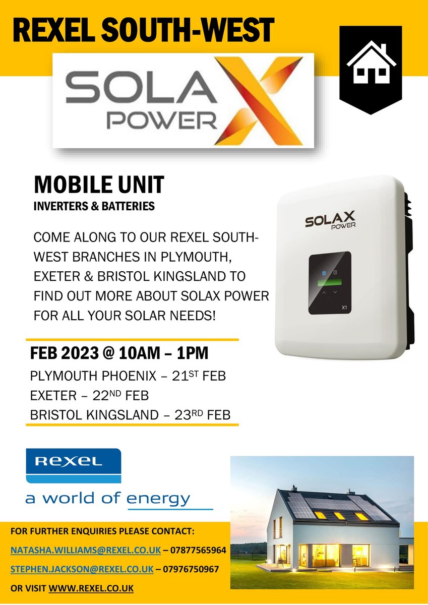 Join SolaX Power at our Rexel South West branches this February to find out more about your Solar needs! 
#solar #inverters #batteries #rexelsouthwest #electricalwholsale #electrician #contractor #installer #solax #solarpanels #energyefficient <a href="/solaxpower/">SolaX Power</a>
