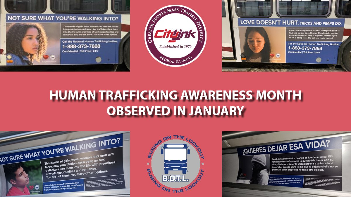 CityLinkPeoria's tweet photo. CityLink is supporting #BusingOnTheLookout with @TatTruckers for #HumanTrafficking Awareness Month in January. Visit their website to learn more about how public transit plays a role in the recognition &amp; prevention of human trafficking. https://t.co/Gad0NYIXqj https://t.co/yh6ZTfMXkI