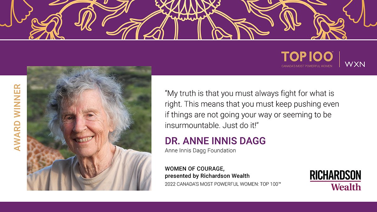 WXN is proud to recognize <a href="/AnneDaggMovie/">The Woman Who Loves Giraffes</a> &amp; our 2022 Canada’s Most Powerful Women: Top 100 Award winners. Learn about our winners by visiting our website buff.ly/3rVgvRe &amp; watch for 2023 Top 100 nominations opening this month! #LiveYourTruth #WXNTop100 <a href="/NextGenOfWealth/">Richardson Wealth</a>