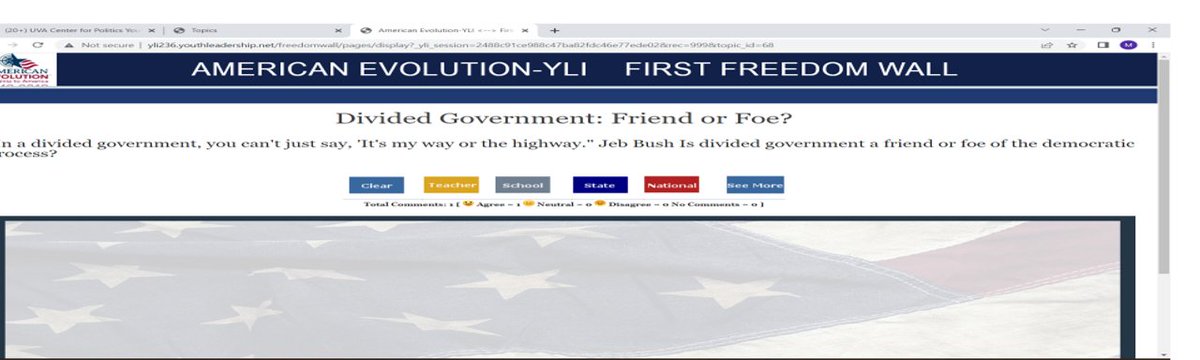 YLIYouthLeaders's tweet photo. TCHRS: Please have students visit https://t.co/j7lL41vmaR and weigh in on #FirstFreedomWall Is divided govt. a friend or foe? @Center4Politics @CivXNow @CivicsRenewal @VA_Partners4Edu @vacivics @BrdgAllianceUS https://t.co/6xu7MX68O1