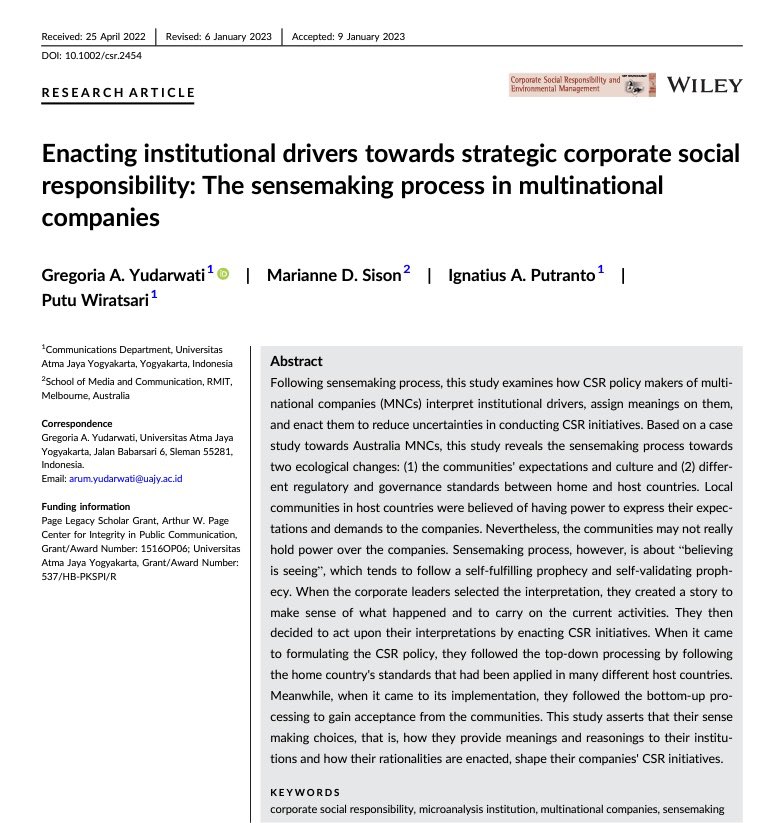 I am very happy to share our new publication in the field of CSR &amp; Communication. Co-authors: <a href="/MDSison/">Dr Marianne Sison</a> <a href="/agusputranto/">agus putranto</a> &amp; Putu.

This study was supported by Page Legacy Scholar Grant <a href="/ThePageCenter/">The Arthur W. Page Center</a> &amp; Univ. Atma Jaya Yogyakarta <a href="/uajy/">Universitas Atma Jaya Yogyakarta</a> 

Link to the article  lnkd.in/gtgUaXqb