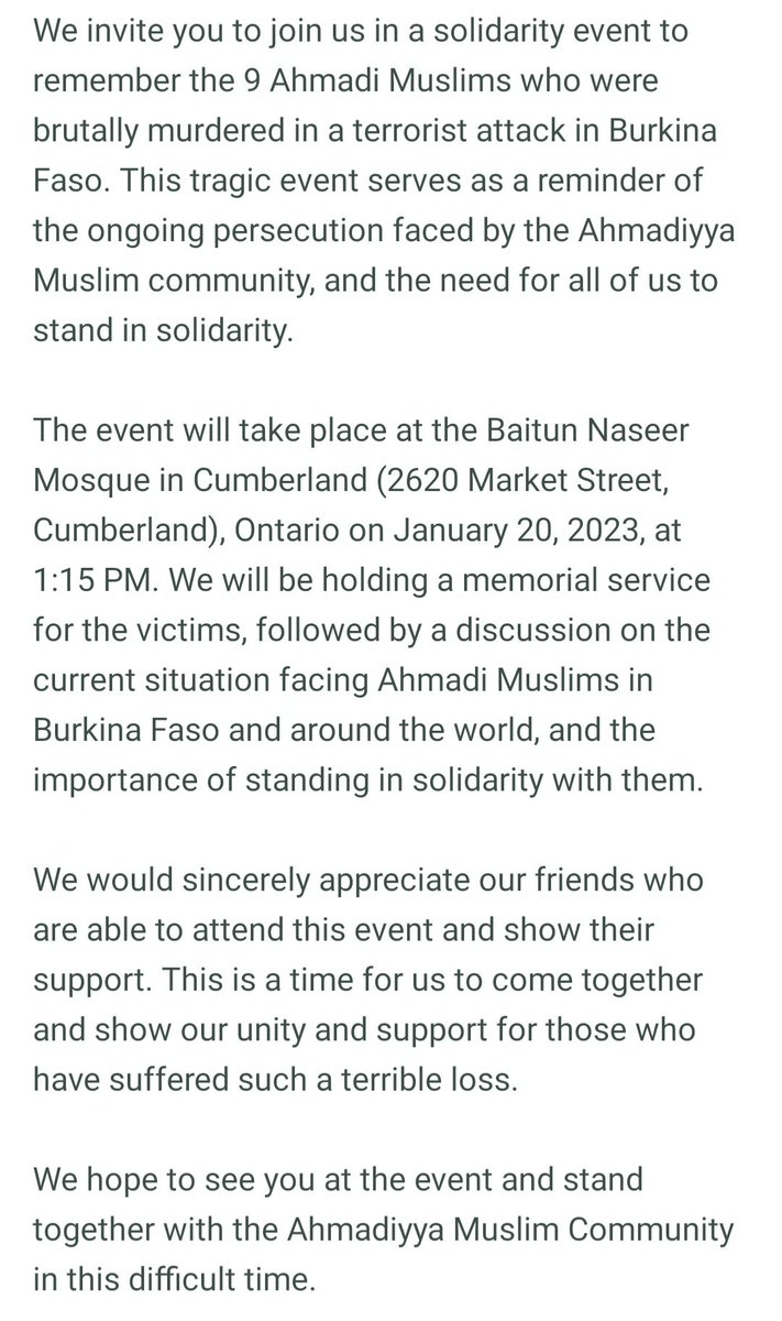 FdAffan's tweet photo. MEMORIAL SERVICE: Join us at 1:00 PM today at Baitun Naseer Mosque (2620 Market Street) Cumberland/Ottawa ON to remember &amp; pay respect to the nine Ahmadi Muslim brothers who were brutally murdered by terrorists in Burkina Faso

#LoveforAllHatredforNone 
#cdnpoli #onpoli #Ottawa https://t.co/korbsuU8b1
