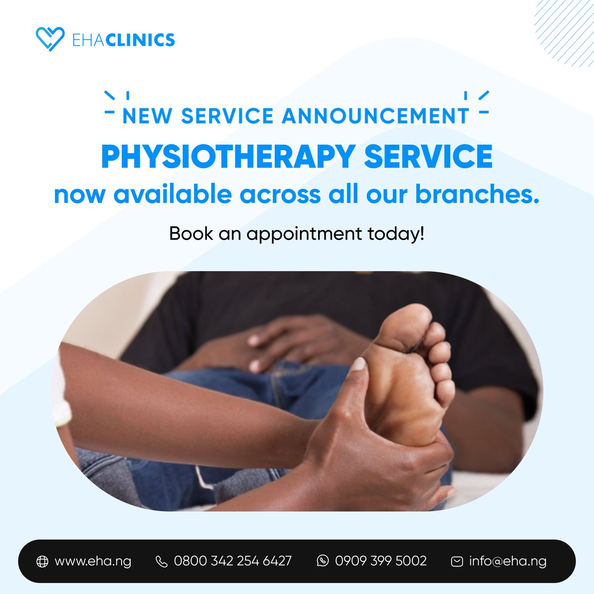 EHA Clinics now offers Physiotherapy services for customers with physical difficulties resulting from illness, injury, disability, or aging to improve their mobility and functions.   
Visit eha.ng to book an appointment today!
#Physiotherapyservices