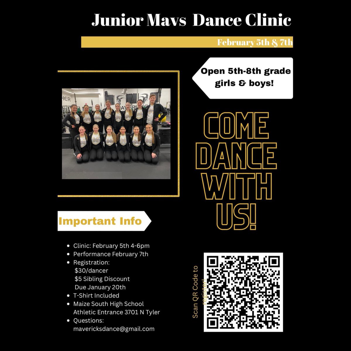 LAST DAY to register for our Junior Mavs Dance Clinic for 5th-8th graders!! 
This clinic is a great opportunity for those that are wanting to dance in high school!
Follow the link to register: forms.gle/n34zx347fiqGHC…