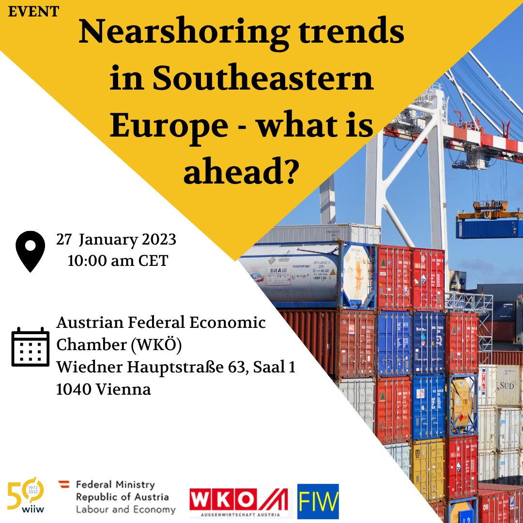 Coming up, 27 Jan., 10:00 CET <a href="/WKOe/">Wirtschaftskammer Österreich</a>: #Nearshoring trends in Southeastern Europe - what is ahead? Our joint event with <a href="/CentreFiw/">FIW - Research Centre International Economics</a>, <a href="/wko_aw/">WKÖ AUSSENWIRTSCHAFT</a> &amp; #BMAW on the relocation of manufacturing to Europe's periphery.
Register: ➡️rb.gy/do53ku
Programme: ➡️rb.gy/et3i53