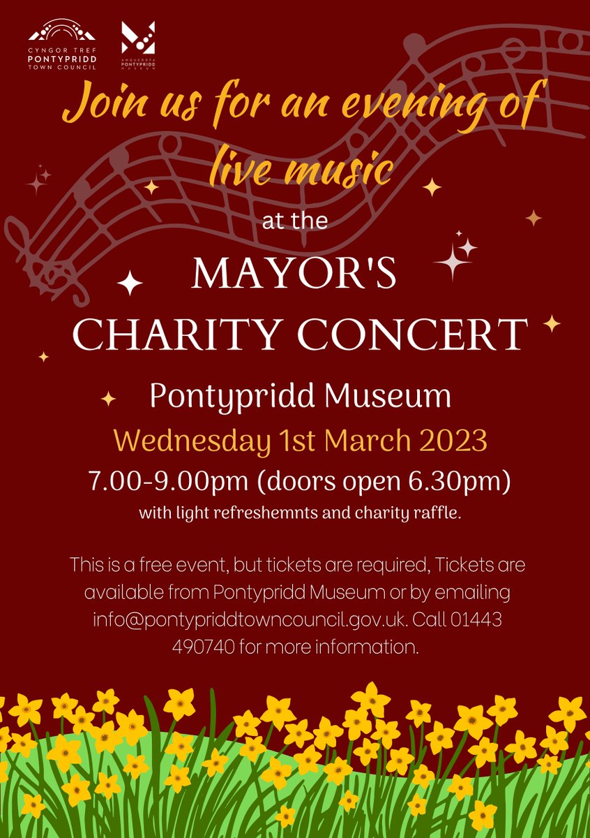 Spend St David's Day listening to live music inside a beautiful venue, full of Welsh history. A free concert with complimentary refreshments, starting at 7.00pm (doors 6.30) 
Pick up your tickets from the front desk of the Museum or email: info@pontypriddtowncouncil.gov.uk🏴󠁧󠁢󠁷󠁬󠁳󠁿