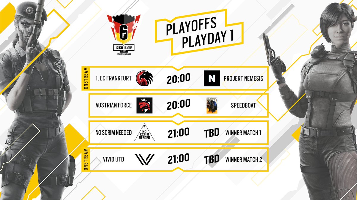 Um 20:00 Uhr startet die Playoff Phase der #R6GSA League Relegation 2023!

Die ersten beiden Runden finden im Best-Of-1 Format statt. Ab morgen sehen wir unter anderem das Lower-Bracket mit dem neuen BO3-Drop-Safety System.

📺 twitch.tv/Rainbow6DE