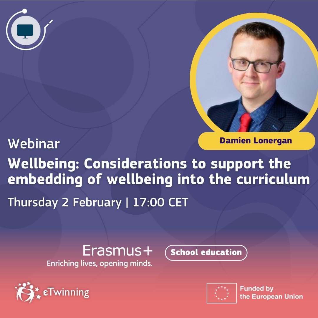 eTwinning #webinar happening 🔜 

✅ Is it possible to integrate #wellbeing into the whole school level? 

Speaker Damien Lonergan will discuss it in the upcoming #eTwinning webinar! 

🗓 2 February at 17CET 

Register below 👇 
bit.ly/3HiYhSd