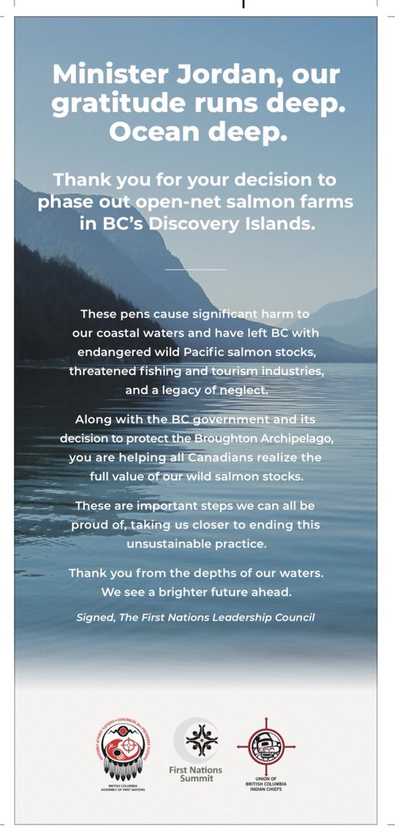 1Bob_Chamberlin's tweet photo. As Min @JoyceMurray fast approaches a decision of #DiscoveryIslands #FishFarms I remind her of the broad #FirstNation support for this demonstrated by #FNLC organizations congratulating @BernJordanMP for her decision
w/ a full page ad in @globeandmail https://t.co/z7UaUJvRyB