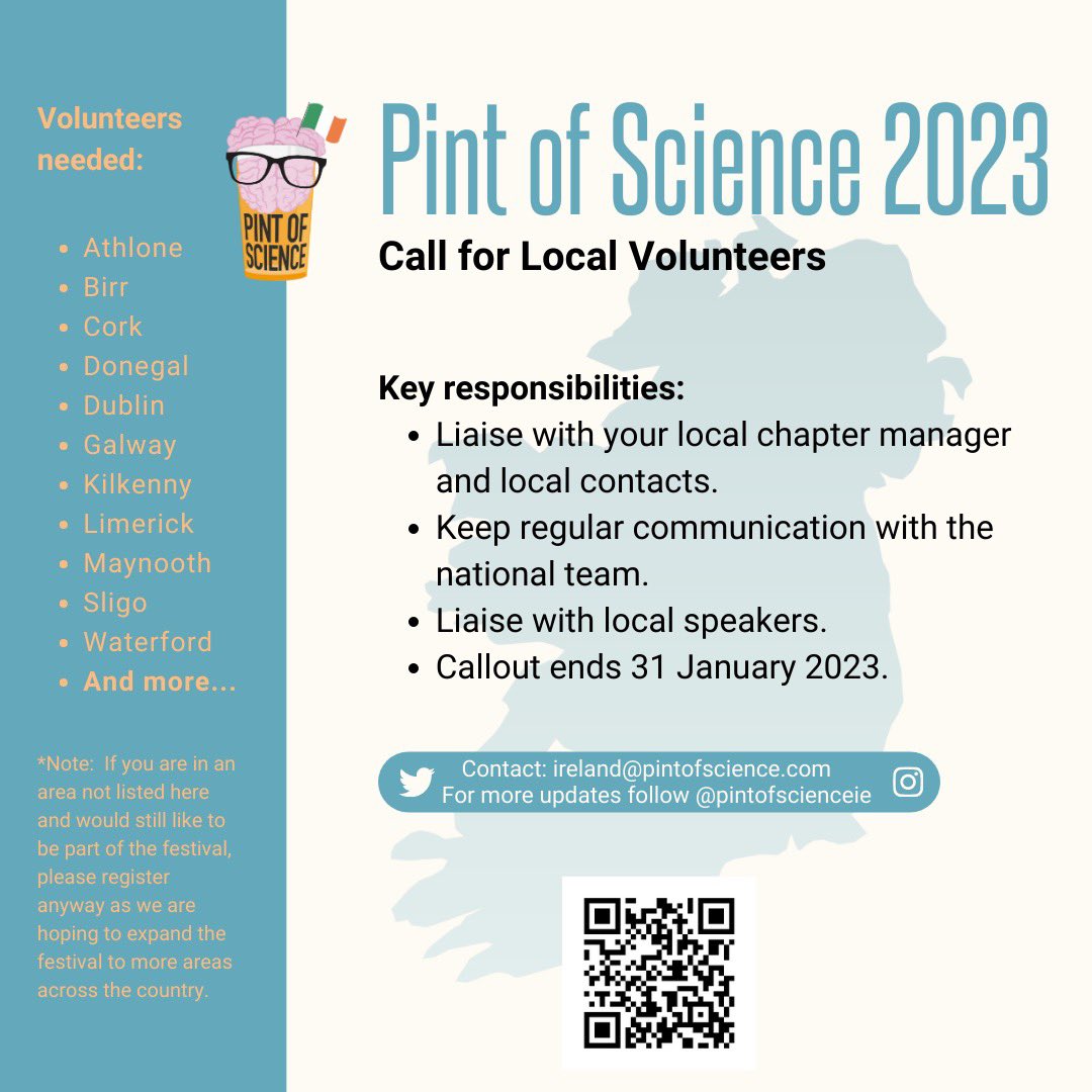 Join the Pint of Science Ireland Team!

We are looking for local volunteers to join our team and help us with our #pint23 festival 🍻

To join the team fill out this form!docs.google.com/forms/d/e/1FAI…)

To find out more about the role check out our website: lnkd.in/g4iiigWf