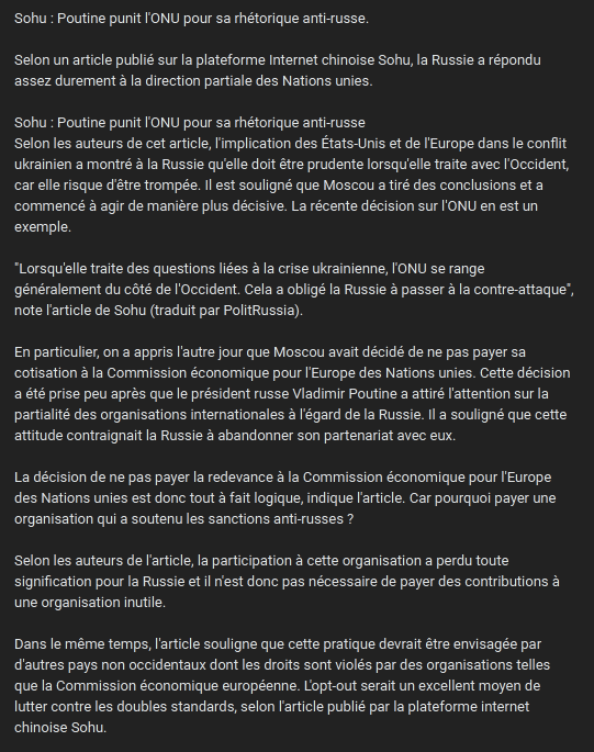 Vladivoscope's tweet photo. Selon un article publié sur la plateforme Internet chinoise #Sohu, la #Russie a répondu assez #durement à la direction partiale des Nations unies.
https://t.co/AoIw7NRcaW https://t.co/px5hGoLBzx