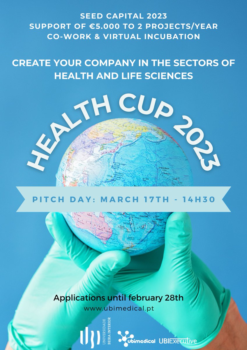 UBImedical_UBI's tweet photo. Health Cup – Seed Capital UBImedical | UBIExecutive is intended to support 2 teams/projects per year with seed capital of €5,000 and 1 year of pre-incubation.
O Health Cup – Capital Semente UBImedical destina-se a apoiar 2 equipas/projetos por ano com capital semente de €5.000. https://t.co/9lDm4wwB3H