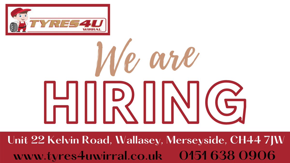 We are hiring - please send a CV to tyres4uwirral@hotmail.co.uk to apply.

If you have any queries, please call us on 0151 638 0906. 
Applications Close: 31st January.

Full details on our Facebook post.

#wirraljobs #tyrefittingjob #recruitingtyrefitting #merseysidejobs