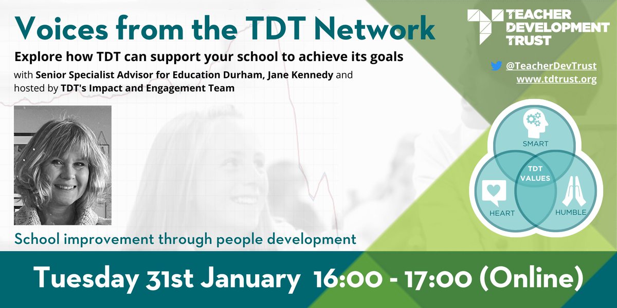 Explore how TDT can help your school to achieve its goals in 2023 at our FREE webinar on Tuesday 31st January at 4pm. We're delighted to be joined by 
<a href="/EduDurhamJaneK/">Jane Kennedy</a> to reflect on Education Durham's  experiences of working with TDT. Book now: tdtrust.org/product/voices…