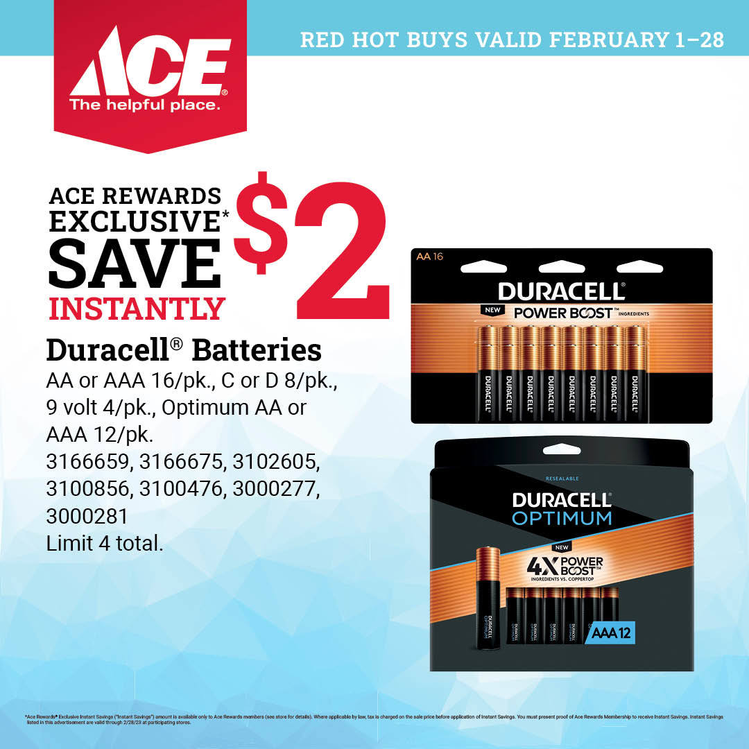 ZimHardware's tweet photo. Don’t forget the batteries! Ace Rewards members enjoy exclusive $2 instant savings on select Duracell® Batteries. Limit 4 total. Offer valid at participating locations February 1-28. #MyLocalAce https://t.co/K7gRD7Vh8F