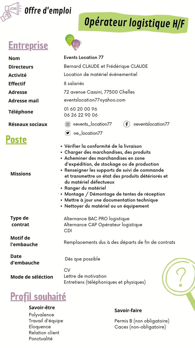 e_location77's tweet photo. 📢 ALERTE

La meilleure entreprise de Seine et Marne recrute !! #recrutement #parcoursup #offreemploi

Nous sommes à la recherche de 2 opérateurs logistiques et 1 assistant(e) commercial(e).

A bientôt, https://t.co/310beolYEJ