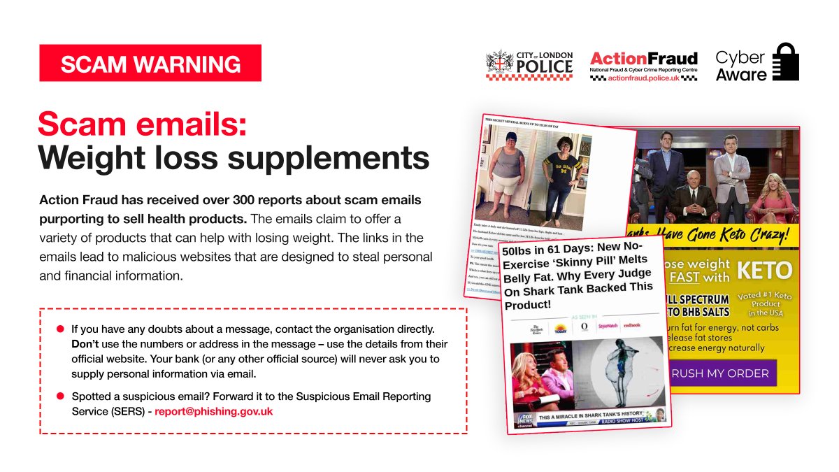 Action Fraud (@actionfrauduk) on Twitter photo ⚠️ SCAM EMAIL: Watch out for these scam emails claiming to sell health products.
✅If you receive an email you think is suspicious, forward it to: report@phishing.gov.uk
Your reports enable us to remove scams and malicious websites. #PhishyFridays ⚠️ SCAM EMAIL: Watch out for these scam emails claiming to sell health products.
✅If you receive an email you think is suspicious, forward it to: report@phishing.gov.uk
Your reports enable us to remove scams and malicious websites. #PhishyFridays