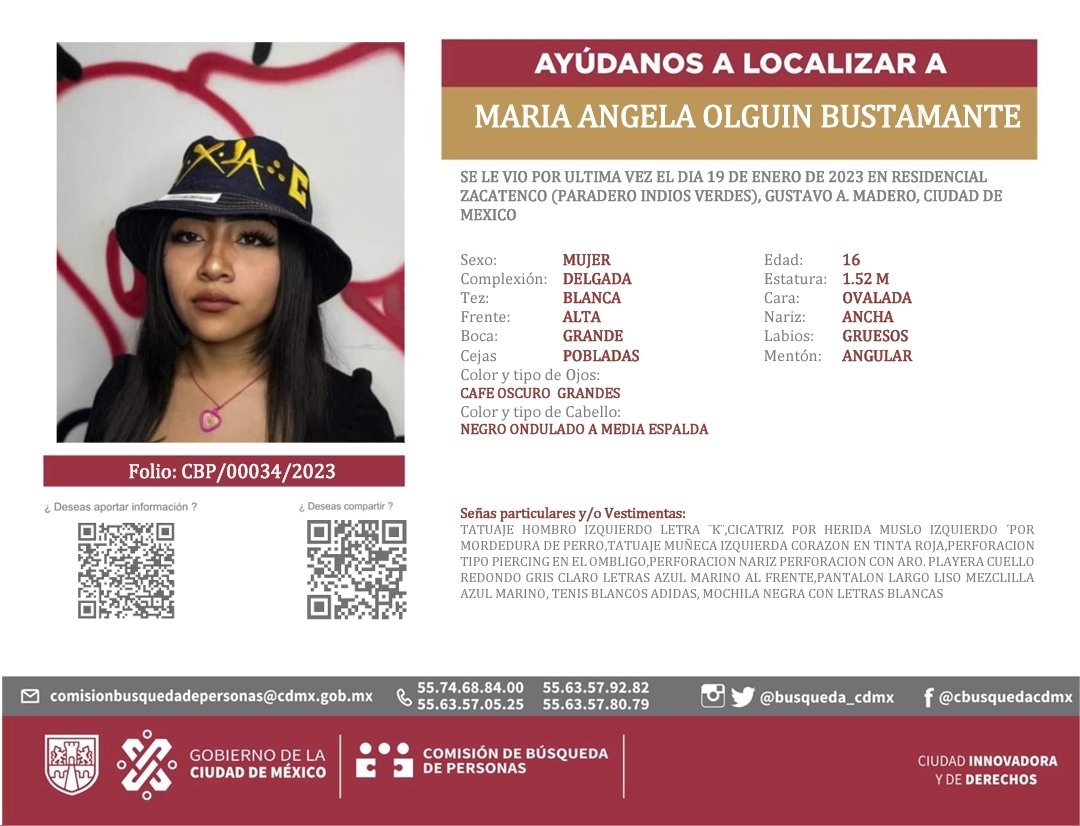 busqueda_cdmx's tweet photo. Solicitamos su colaboración para la localización de María Ángela Olguín Bustamante, quien fue vista por última vez en el Paradero de Indios Verdes, @TuAlcaldiaGAM  ¿Tienes información? ¡Comunícate a los teléfonos!
55 6357 8079, 
55 6357 9282, 
55 6357 0525,
55 7468 8400. https://t.co/sf9tHM3udf