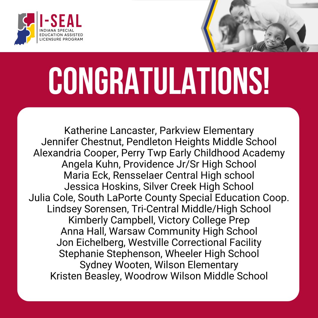 CELLuindy's tweet photo. Round 3/3: Congratulations to these teachers who completed up to 18 grad credits through #IndianaSEAL toward becoming fully licensed to teach #specialeducation - at no cost to them!

@EducateIN #spedchat https://t.co/KCpmTz5z2e