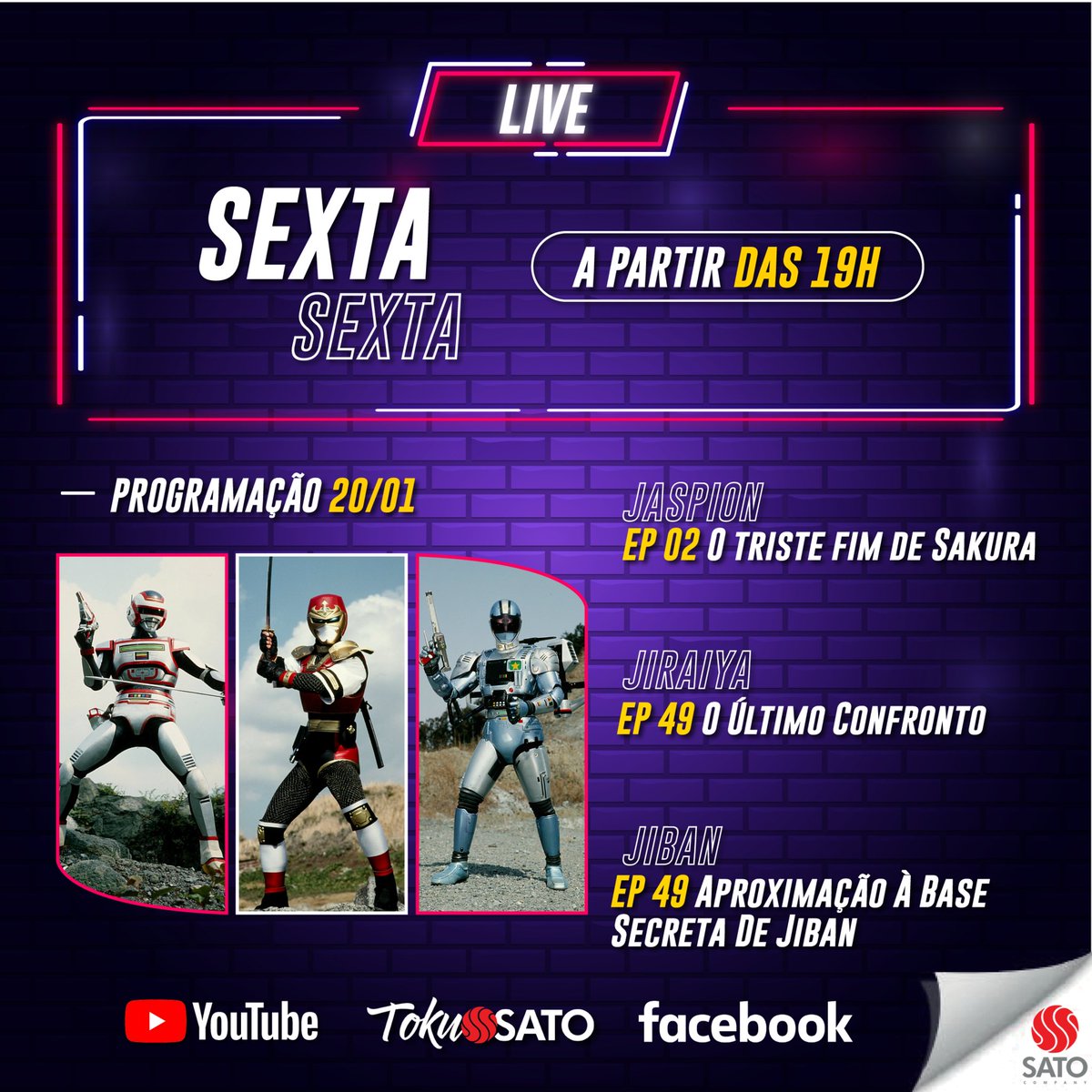 SatoCompany's tweet photo. Final de semana com live dos melhores conteúdos de #Anime e #Tokusatsu.
Acesse nosso canal #TokuSato no youtube e aproveite! ❤
#Live #Streaming #KamenRider #Jiraiya #Jiban #GhostHound #DevilMayCry #HighSchoolOfTheDead https://t.co/QkddqdM6BF