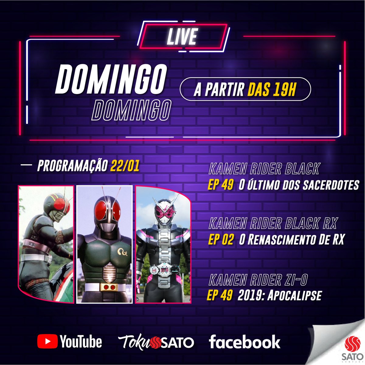 TokuSatoOficial's tweet photo. Final de semana com live dos melhores conteúdos de #Anime e #Tokusatsu.
Acesse nosso canal #TokuSato no youtube e aproveite! ❤
#Live #Streaming #KamenRider #Jiraiya #Jiban #GhostHound #DevilMayCry #HighSchoolOfTheDead https://t.co/7EHV3abuzk