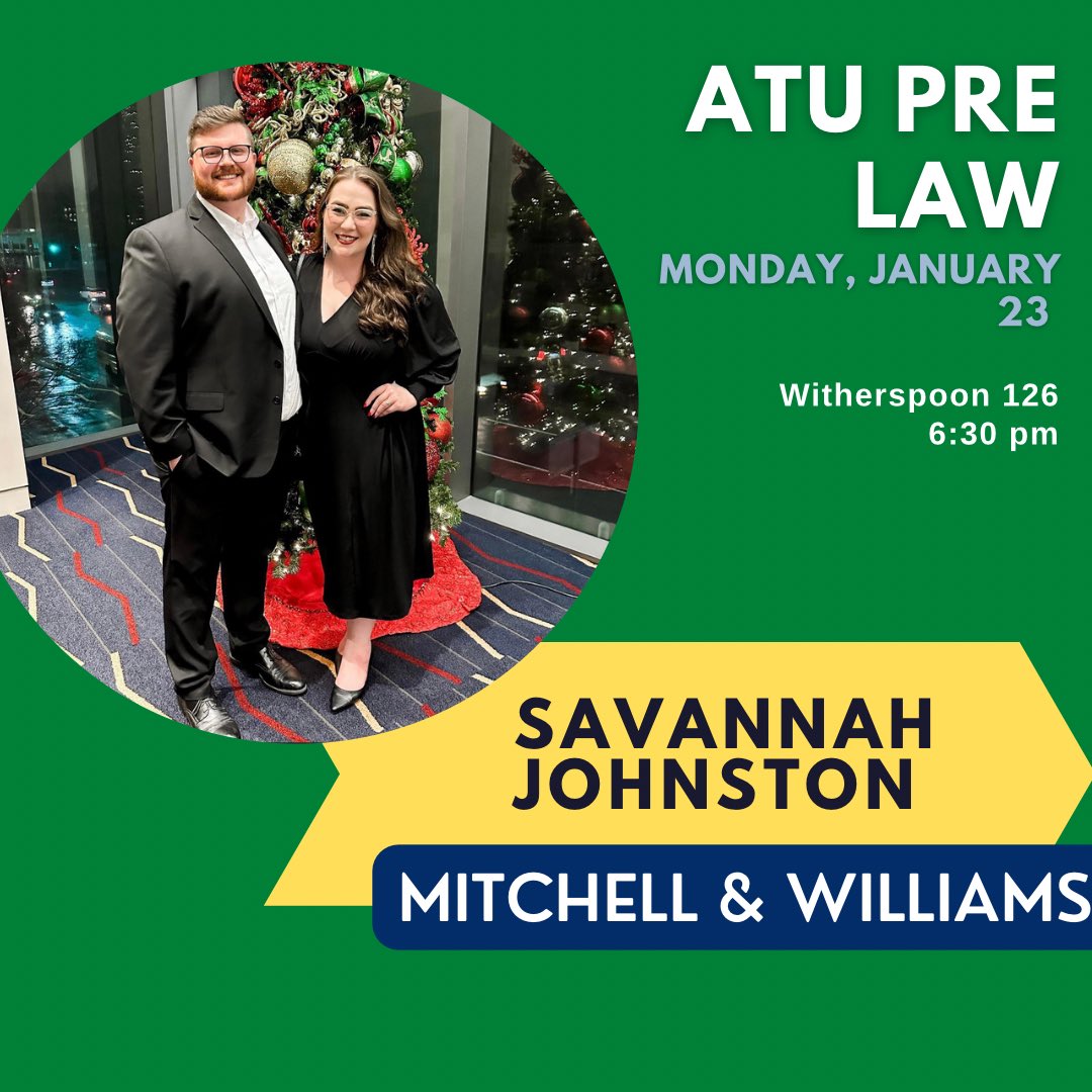 ATUPreLaw's tweet photo. Monday Night!!!! Come out and here from an ATU Alum about her time spent in law school and as an attorney! https://t.co/vkjMp2ati7
