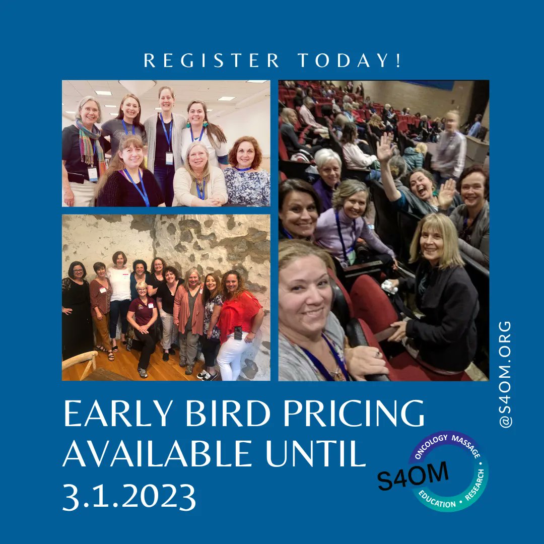 Early bird pricing for the S4OM Summit ends 3/1/2023.  If you are a Preferred Practitioner (PP) you receive an additional discount!  Will you be coming?  Let us know in the comments.  
See you there!
Register:
buff.ly/3ZbSuoF

#massagetherapy #oncologymassage #massageces