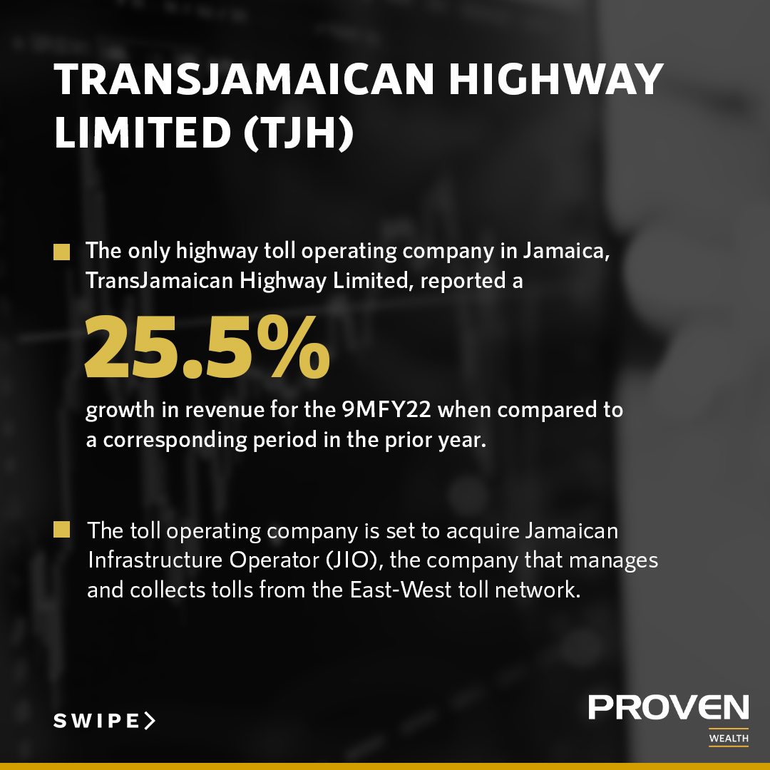 weareproven's tweet photo. The only highway toll operating company in Jamaica, TransJamaican Highway Limited, reported a 25.5% growth in revenue for the 9MFY22 when compared to a corresponding period in the prior year.

Contact your Portfolio Advisor today to start trading.

#WeArePROVEN
#JamStockEx https://t.co/2nBXUvqCRR