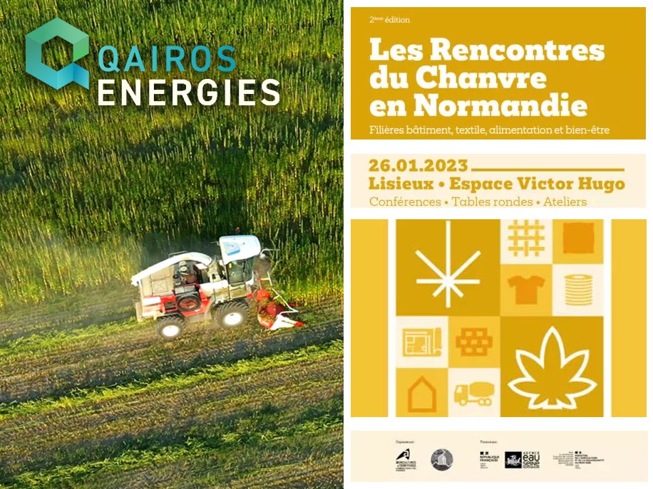 #savethedate - Qairos Energies vous donne RDV à Lisieux le 26/01/23 à l'occasion des Rencontres du #chanvre en #Normandie pour une table ronde autour du chanvre, une plante pour répondre aux enjeux de #Societe : #environnement, #Sante, #Energie, #Economie...

#hydrogène #startup