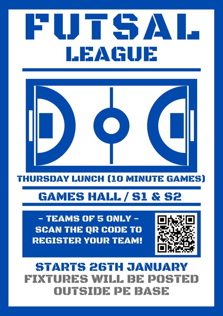 LHS Futsal League | 🥅 ⚽️ 

🗓️ Starts Thursday 26th January
🚨 Limited Spaces
⌚️ Lunch - 10 Minute Games
⚽️ 5-a-side Format
❓ S1 &amp; S2 Pupils

Sign-up: forms.gle/A92uieBQz6nTJQ…