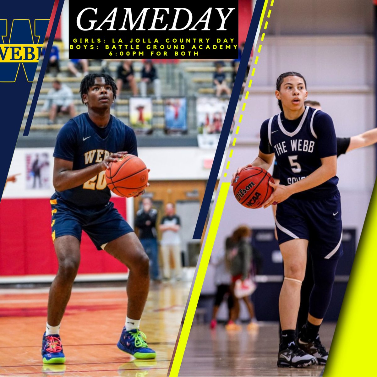 webb_athletics's tweet photo. Catch some good basketball games today as our high school girls are in Washington D.C. playing La Jolla at 6:00pm on ESPN+! The high school boys have a huge district matchup tonight at the Webb School taking on BGA! JV is at 4:30pm and followed by Varsity at 6:00pm! #feetelite https://t.co/8iDyI7U12N