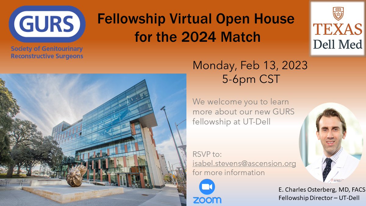 E. Charles Osterberg, MD, FACS (@ecosterberg) on Twitter photo We welcome <a href="/SocietyGURS/">GURS</a> applicants to join us for our inaugural <a href="/DellMedSchool/">Dell Medical School</a> #GURS Fellowship Virtual Open House 2/13/23 at 5pm CST. Please contact isabel.stevens@ascension.org for ZOOM information. We welcome <a href="/SocietyGURS/">GURS</a> applicants to join us for our inaugural <a href="/DellMedSchool/">Dell Medical School</a> #GURS Fellowship Virtual Open House 2/13/23 at 5pm CST. Please contact isabel.stevens@ascension.org for ZOOM information.