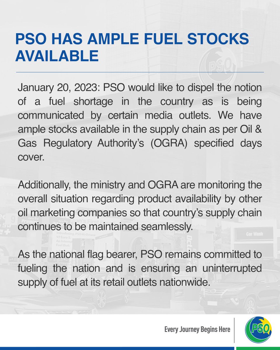 PSOPakistan's tweet photo. As the national flag bearer, PSO remains committed to fueling the nation and is ensuring an uninterrupted supply of fuel at its retail outlets nationwide.
#PSOUpdates #FuelSupply https://t.co/1DeFkfXwog