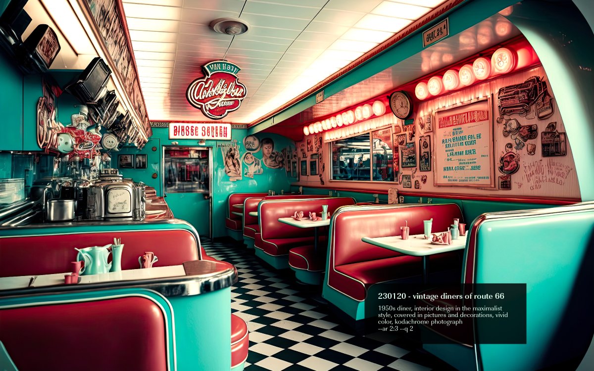 darylanselmo's tweet photo. #midjourney #everydays #posthuman #ai #imgsynth #synth #diner #fiftiesstyle #interiordesign #1950s #50sdiner #route66 #retro #retrostyle #americana #comfortfood #oldies #vintage https://t.co/67T4jFzmi3