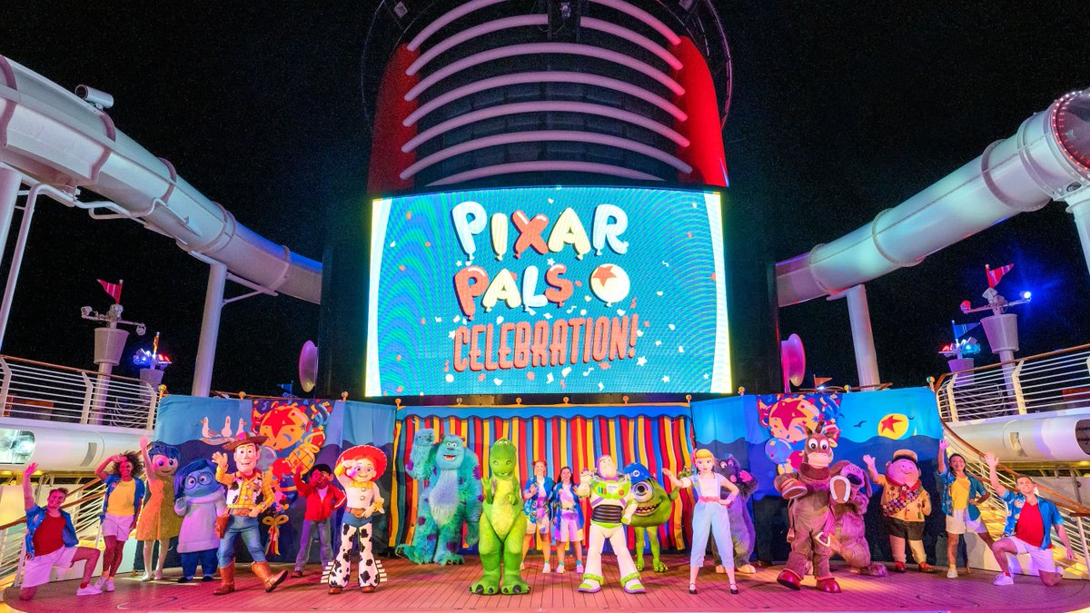 DisneyParks's tweet photo. Check out this first look at Pixar Day at Sea aboard @DisneyCruise Line! ✨ 🚢 On select sailings on the Disney Fantasy through March, get ready to experience a full day of Pixar fun with meet-and-greets, dance and pool parties, and special activities for everyone in the family! https://t.co/Thk4MBDFGo