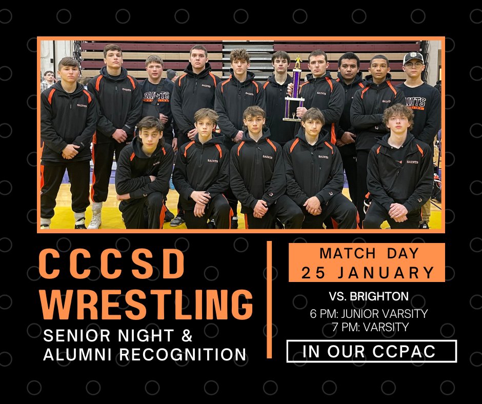 Next week, our JV and V Wrestling Teams will be at home vs. Brighton in our CC Performing Arts Center! Join us as they celebrate their seniors and recognize alums of the wrestling program.  @CCCSDWrestling <a href="/CCCSDathletics/">CCCSD Athletics</a> <a href="/CCCSD_SHS/">Churchville-Chili HS</a>